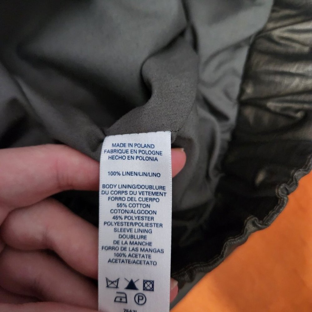 French Connection Bomber Jacket Womens Olive Green Metallic Coated Linen Y2K - Picture 13 of 13